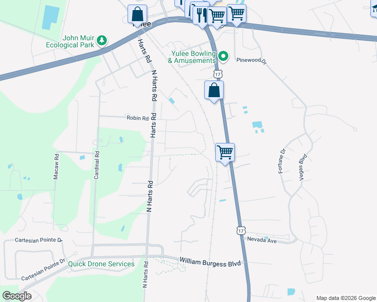 map of restaurants, bars, coffee shops, grocery stores, and more near 261-299 Harts Road in Yulee