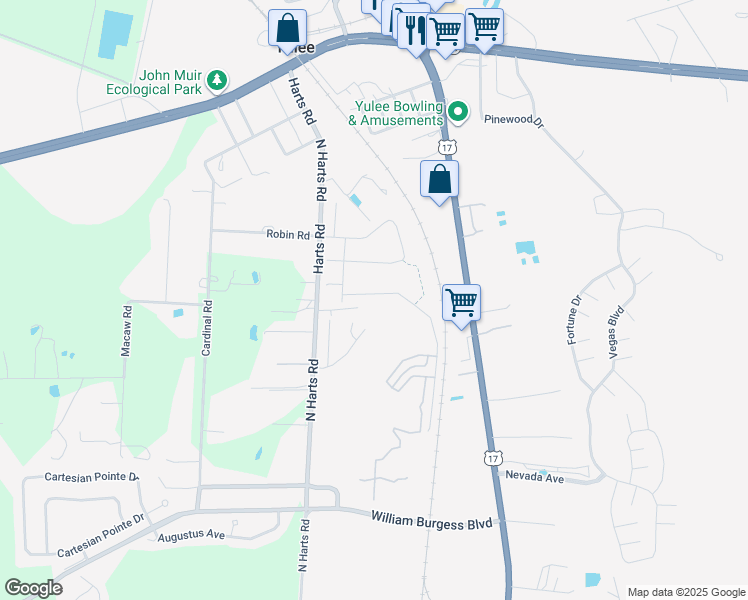 map of restaurants, bars, coffee shops, grocery stores, and more near 261-299 Harts Road in Yulee