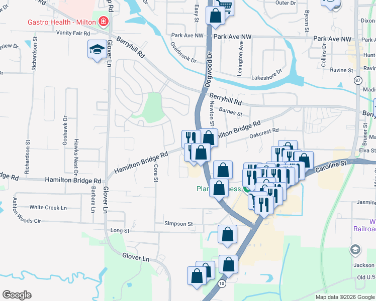 map of restaurants, bars, coffee shops, grocery stores, and more near 6381 Hamilton Bridge Road in Milton