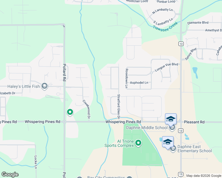 map of restaurants, bars, coffee shops, grocery stores, and more near 8400 Carousel Court in Daphne