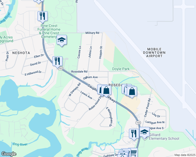 map of restaurants, bars, coffee shops, grocery stores, and more near 1815 Ogburn Avenue in Mobile