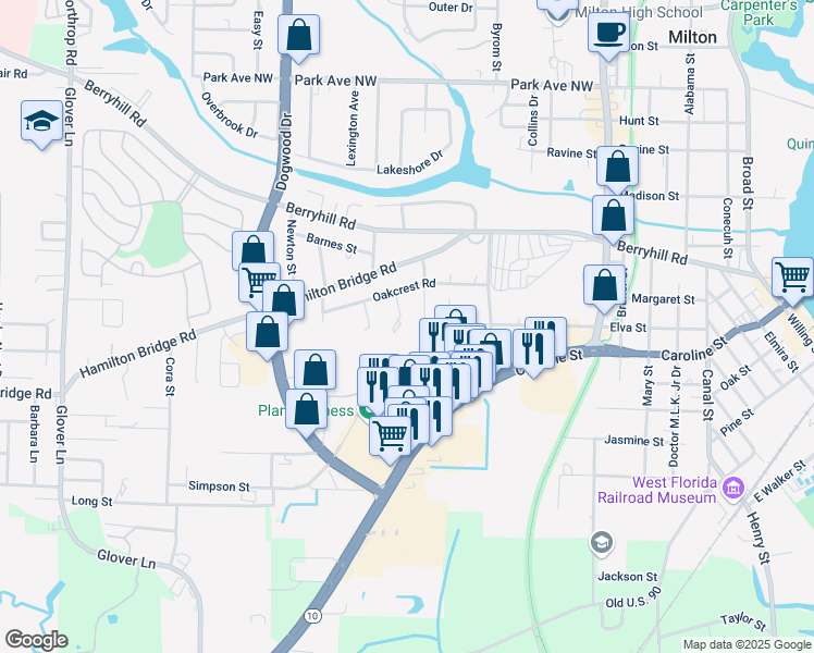 map of restaurants, bars, coffee shops, grocery stores, and more near 5176 Astor Street in Milton