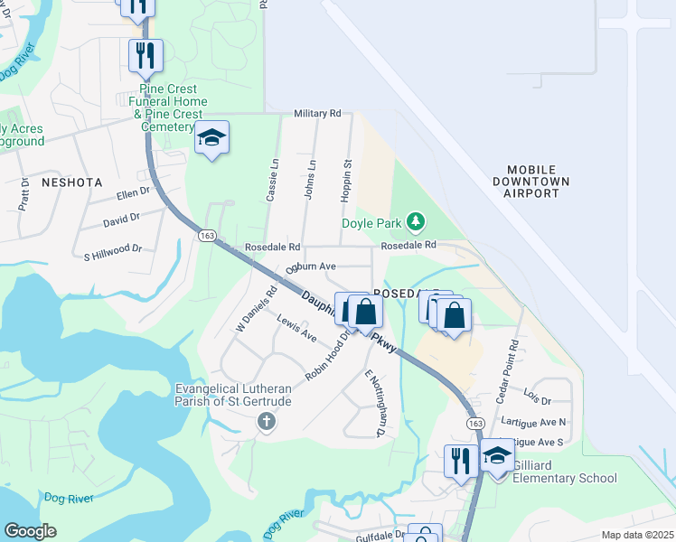 map of restaurants, bars, coffee shops, grocery stores, and more near 1815 Ogburn Avenue in Mobile