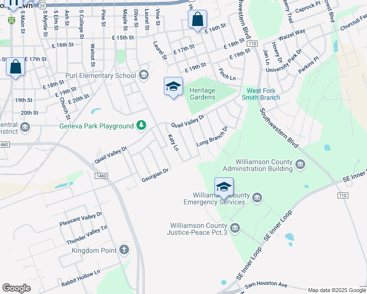 map of restaurants, bars, coffee shops, grocery stores, and more near 2217 Katy Lane in Georgetown