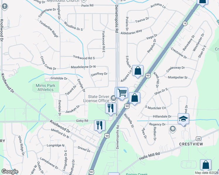 map of restaurants, bars, coffee shops, grocery stores, and more near 3259 Maudelayne Drive East in Mobile