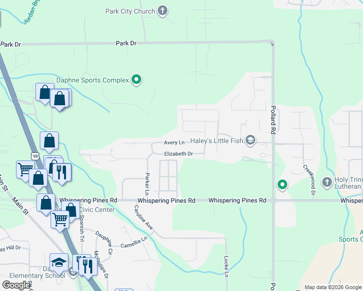 map of restaurants, bars, coffee shops, grocery stores, and more near 7618 Avery Lane in Daphne