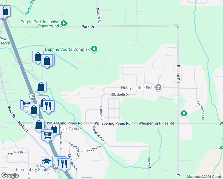 map of restaurants, bars, coffee shops, grocery stores, and more near 7508 Avery Lane in Daphne