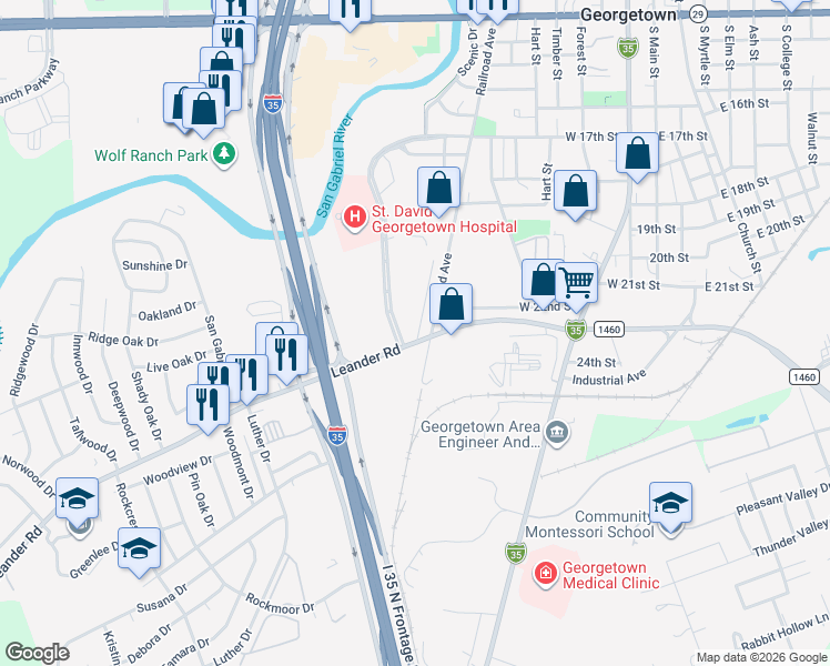 map of restaurants, bars, coffee shops, grocery stores, and more near 611 Leander Road in Georgetown