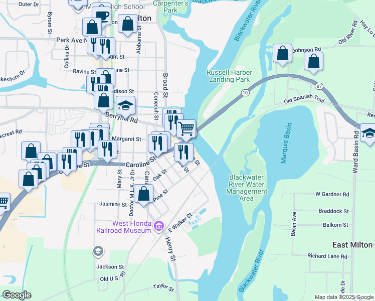 map of restaurants, bars, coffee shops, grocery stores, and more near Willing Street in Milton