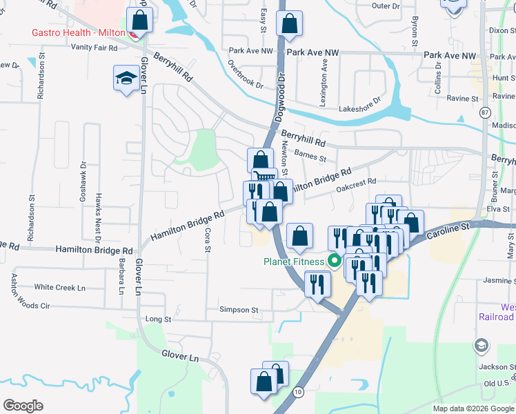 map of restaurants, bars, coffee shops, grocery stores, and more near 6381 Hamilton Bridge Road in Milton