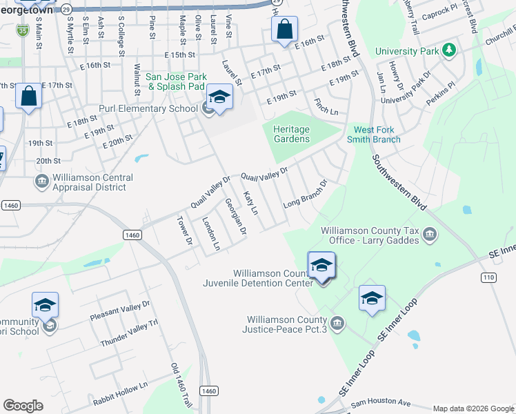 map of restaurants, bars, coffee shops, grocery stores, and more near 2215 Katy Lane in Georgetown