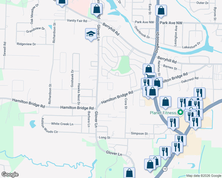 map of restaurants, bars, coffee shops, grocery stores, and more near 6303 Cottage Woods Drive in Milton