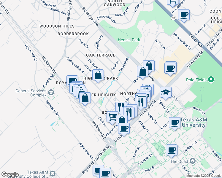 map of restaurants, bars, coffee shops, grocery stores, and more near 503 Cherry Street in College Station