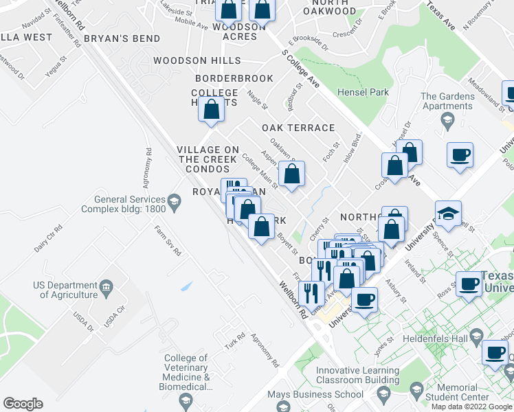 map of restaurants, bars, coffee shops, grocery stores, and more near 4301 Boyett Street in Bryan