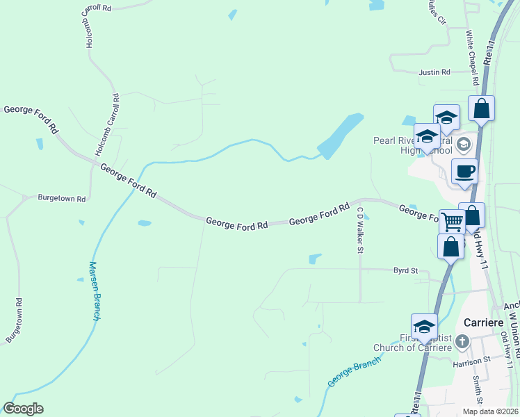 map of restaurants, bars, coffee shops, grocery stores, and more near 575 George Ford Road in Carriere
