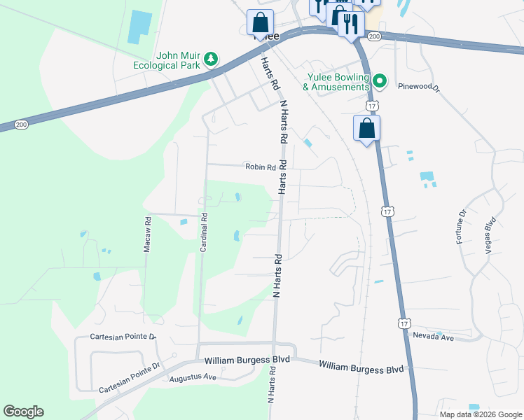 map of restaurants, bars, coffee shops, grocery stores, and more near 85823 Harts Road in Yulee