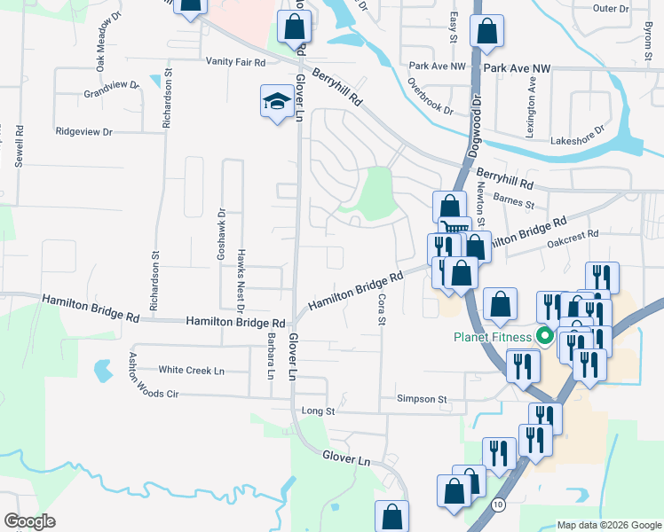 map of restaurants, bars, coffee shops, grocery stores, and more near 6338 Cottage Woods Drive in Milton