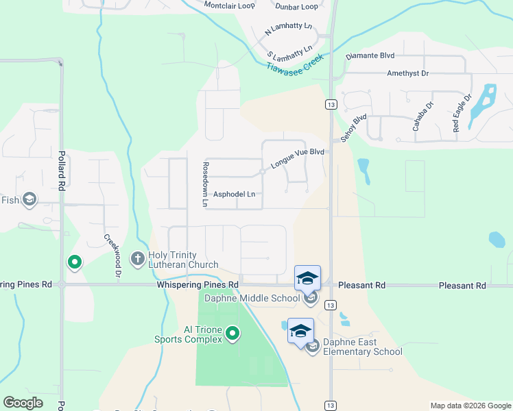 map of restaurants, bars, coffee shops, grocery stores, and more near 8585 Rosedown Lane in Daphne