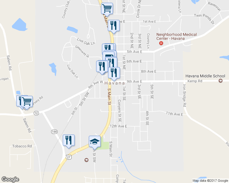 map of restaurants, bars, coffee shops, grocery stores, and more near 111 South Main Street in Havana