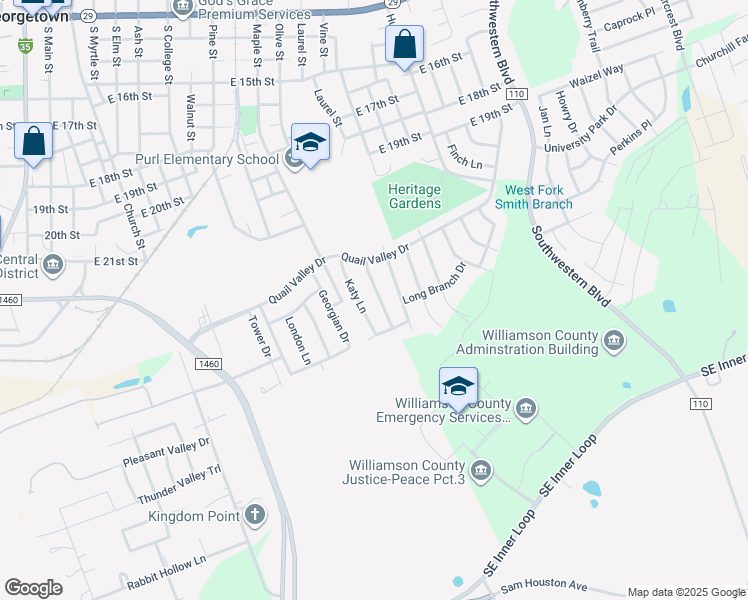 map of restaurants, bars, coffee shops, grocery stores, and more near 2212 Creekside Lane in Georgetown