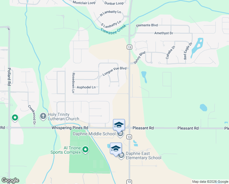 map of restaurants, bars, coffee shops, grocery stores, and more near 8828 Bainbridge Drive in Daphne