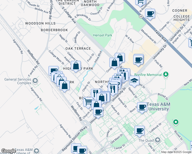 map of restaurants, bars, coffee shops, grocery stores, and more near 413 Nagle Street in College Station
