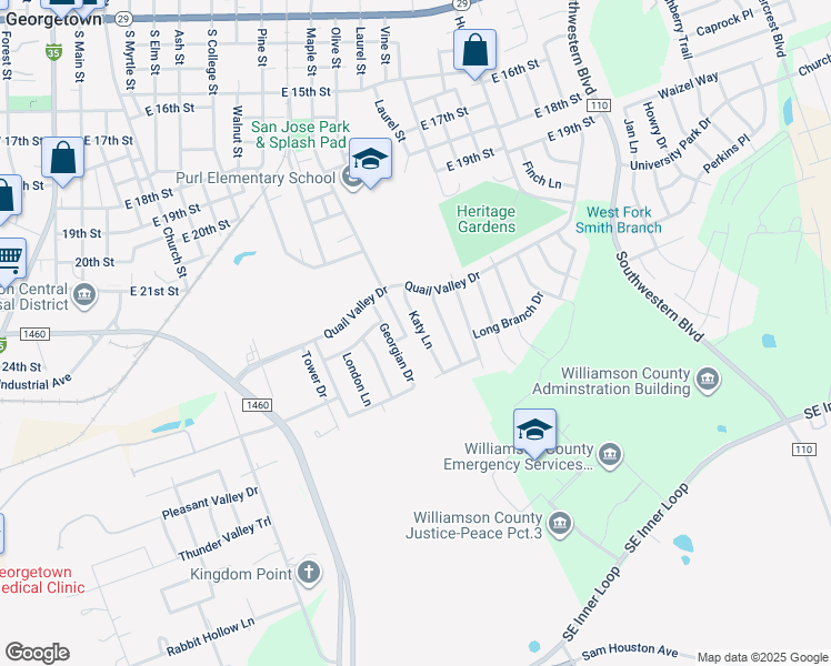 map of restaurants, bars, coffee shops, grocery stores, and more near 2217 Katy Lane in Georgetown