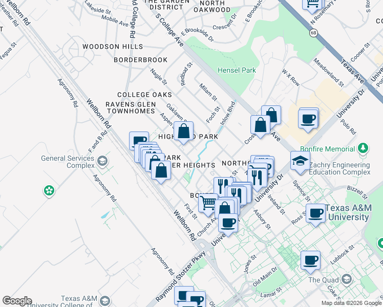 map of restaurants, bars, coffee shops, grocery stores, and more near 4503 College Main Street in Bryan