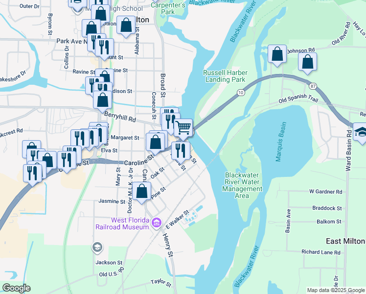 map of restaurants, bars, coffee shops, grocery stores, and more near Willing Street in Milton