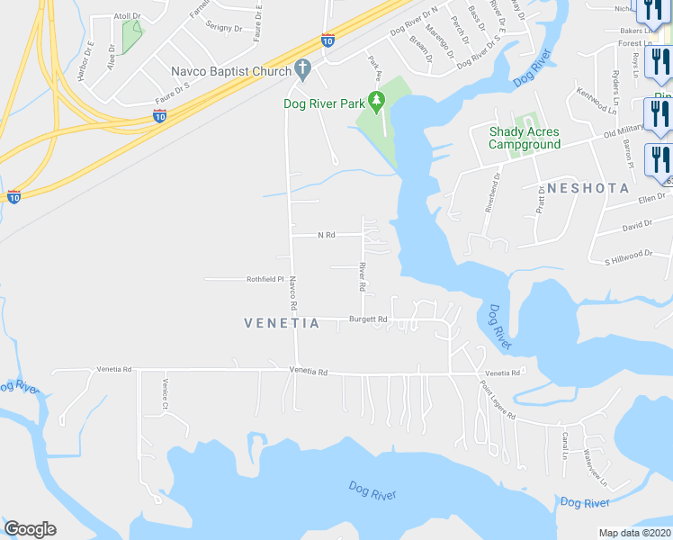 map of restaurants, bars, coffee shops, grocery stores, and more near 2367 McGaughey Street in Mobile