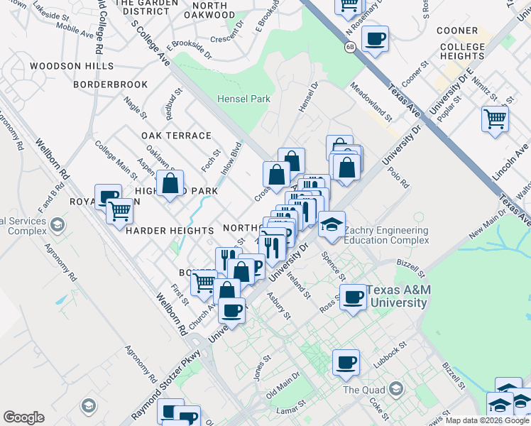 map of restaurants, bars, coffee shops, grocery stores, and more near in College Station