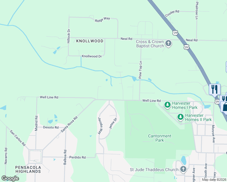 map of restaurants, bars, coffee shops, grocery stores, and more near 754 Well Line Road in Escambia County
