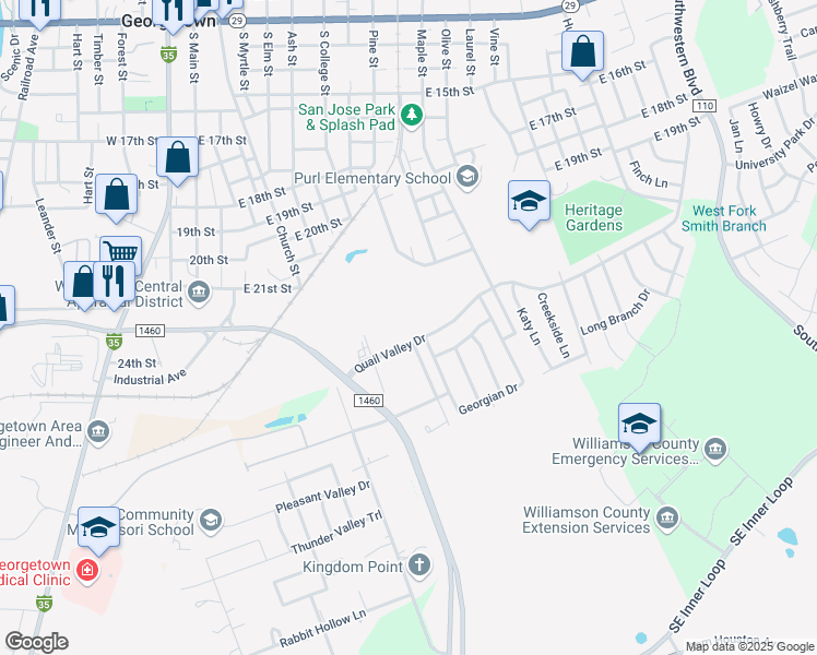 map of restaurants, bars, coffee shops, grocery stores, and more near 805 Quail Valley Drive in Georgetown