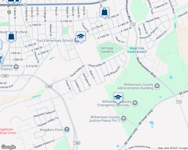 map of restaurants, bars, coffee shops, grocery stores, and more near 2217 Katy Lane in Georgetown