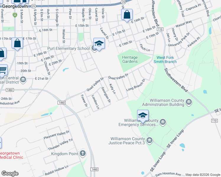 map of restaurants, bars, coffee shops, grocery stores, and more near 2212 Katy Lane in Georgetown
