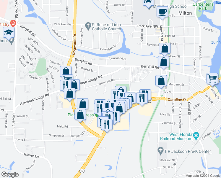 map of restaurants, bars, coffee shops, grocery stores, and more near 5169 Victoria Drive in Milton
