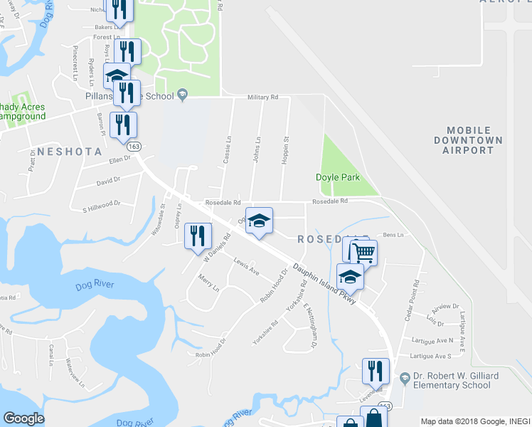 map of restaurants, bars, coffee shops, grocery stores, and more near 1850 Ogburn Avenue in Mobile