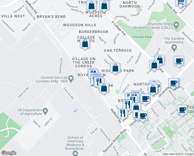 map of restaurants, bars, coffee shops, grocery stores, and more near 4200 Boyett Street in Bryan