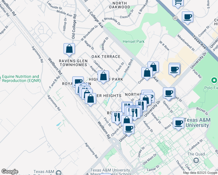 map of restaurants, bars, coffee shops, grocery stores, and more near 4503 College Main Street in Bryan