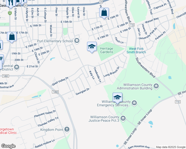 map of restaurants, bars, coffee shops, grocery stores, and more near 2217 Katy Lane in Georgetown