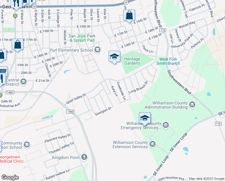 map of restaurants, bars, coffee shops, grocery stores, and more near 2217 Katy Lane in Georgetown