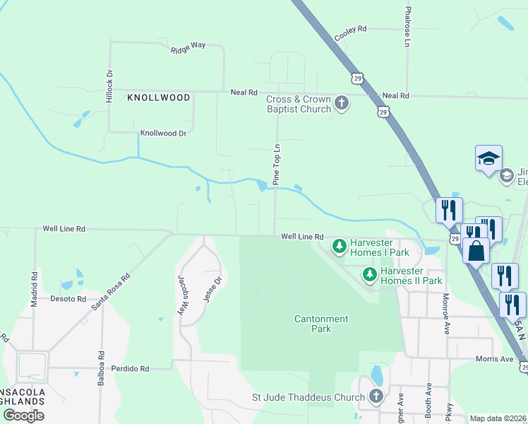 map of restaurants, bars, coffee shops, grocery stores, and more near 716-728 Well Line Road in Escambia