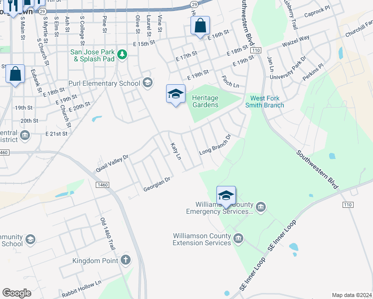 map of restaurants, bars, coffee shops, grocery stores, and more near Creekside Lane in Georgetown