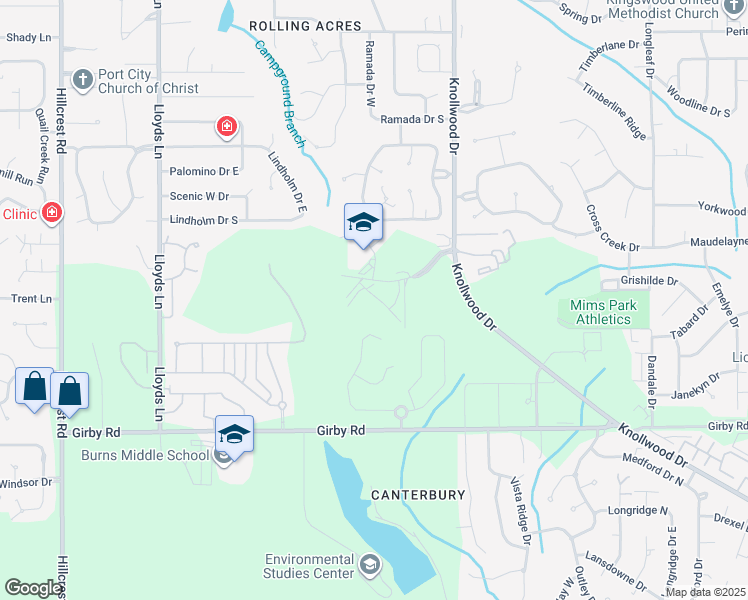 map of restaurants, bars, coffee shops, grocery stores, and more near 5799 Southland Drive in Mobile