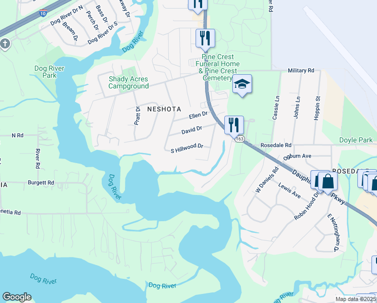 map of restaurants, bars, coffee shops, grocery stores, and more near 2305 South Hillwood Drive in Mobile