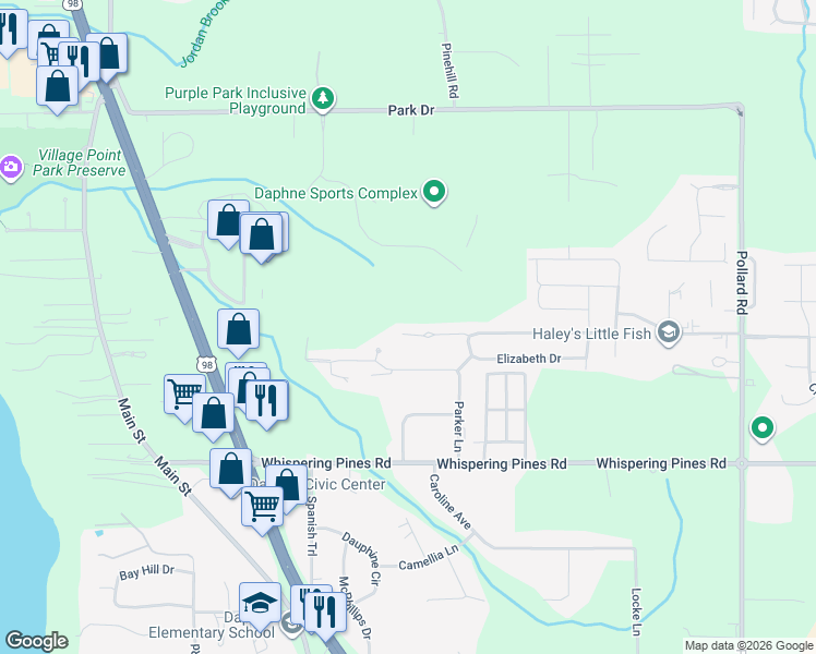 map of restaurants, bars, coffee shops, grocery stores, and more near 7351-7355 Franklin Square Court in Daphne