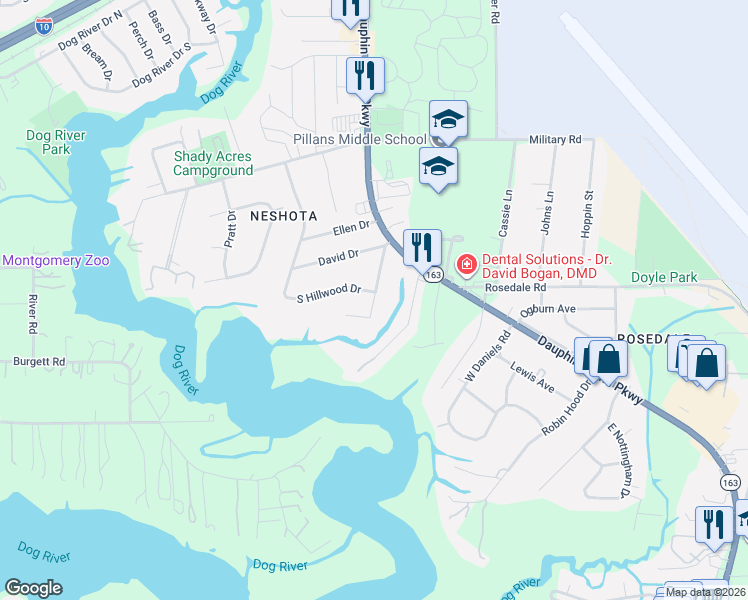 map of restaurants, bars, coffee shops, grocery stores, and more near 2298 South Hillwood Drive in Mobile