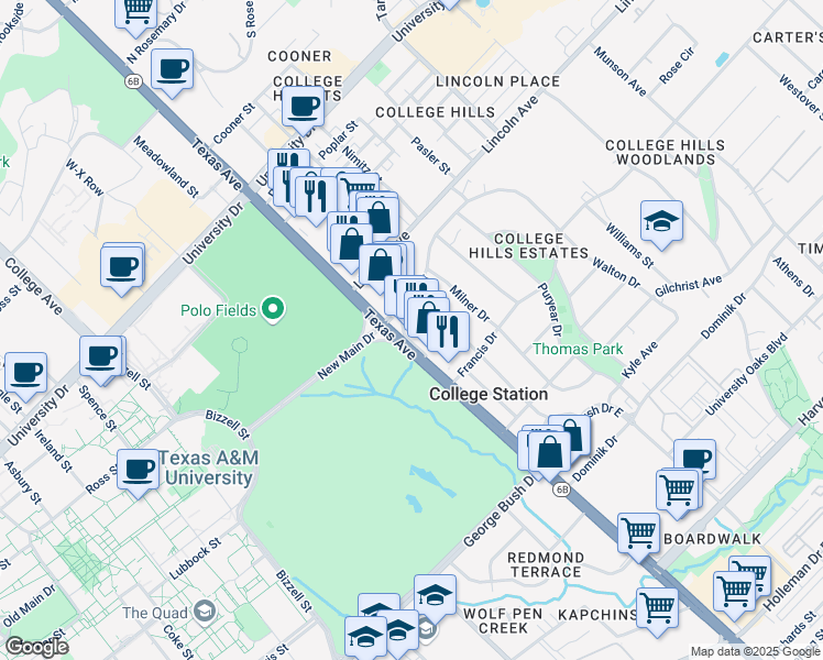 map of restaurants, bars, coffee shops, grocery stores, and more near 106 Walton Dr in College Station
