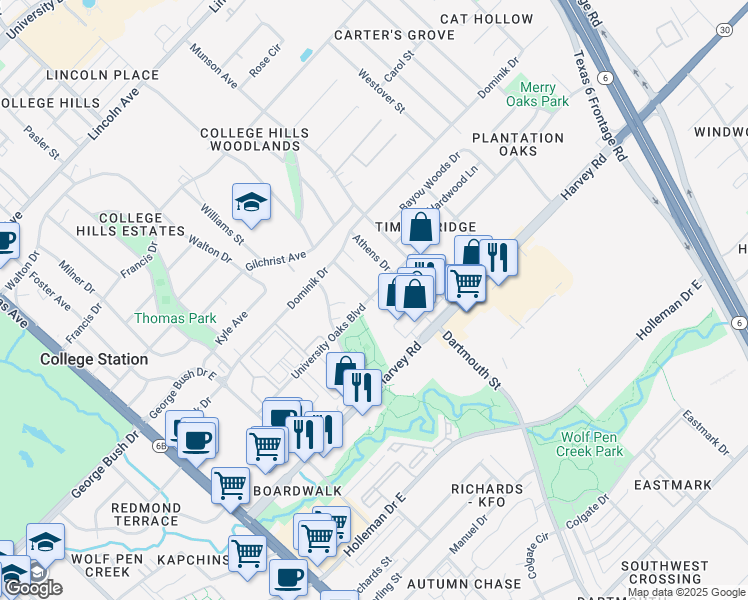 map of restaurants, bars, coffee shops, grocery stores, and more near 811 Harvey Road in College Station