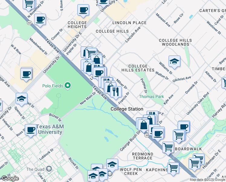 map of restaurants, bars, coffee shops, grocery stores, and more near 1055 Texas Avenue in College Station